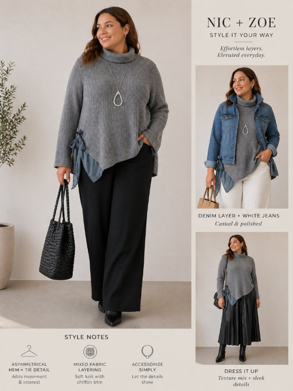 NIC + ZOE West Side Turtleneck Sweater Gray Knit Side Tie Size XL